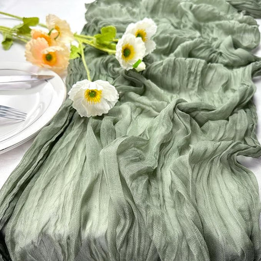 Booque Valley 6 Pack Sage Green Cheesecloth Table Runner 10ft Super Soft Boho Wrinkled Gauze Sheer Cloth for Baby Shower Baptism Birthday Party Wedding Centerpiece Table Decoration, 35x120 Inch