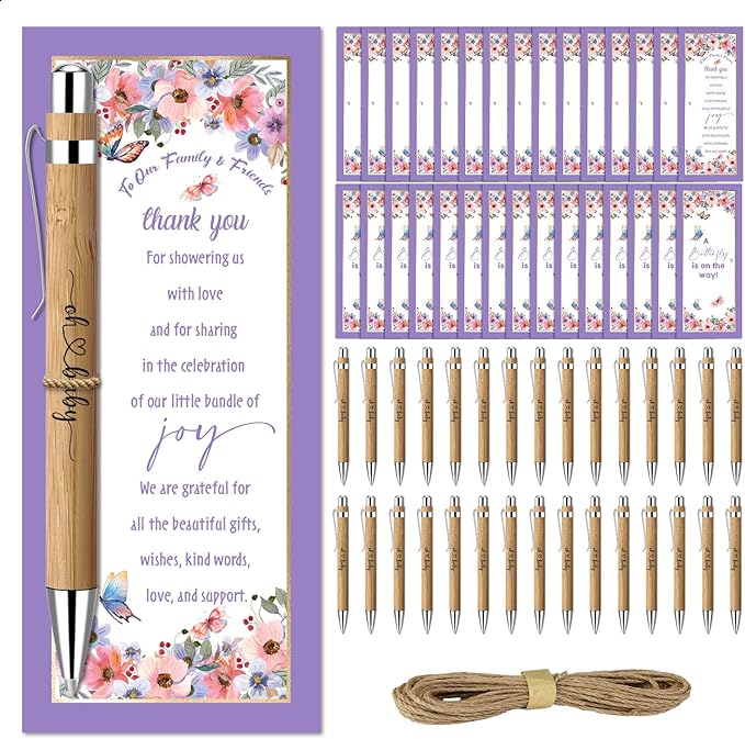 Baby Shower Favors for 30 Guests, 30 Pcs Thank You Gifts, Baby Shower Sets Included Bamboo Pens Greeting Cards, Gender Reveal Souvenirs Prizes, Butterflies Gender Reveal Decor