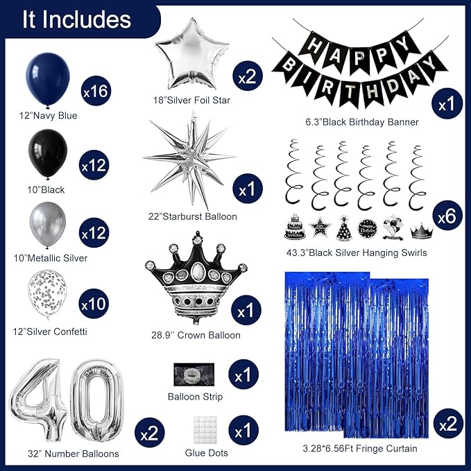 40th Birthday Decorations for Men and Women, Black Blue Silver Happy Birthday Number 40 Balloons, Banner, Fringe Curtains Garland Kit - 40 Year Old Party Supplies