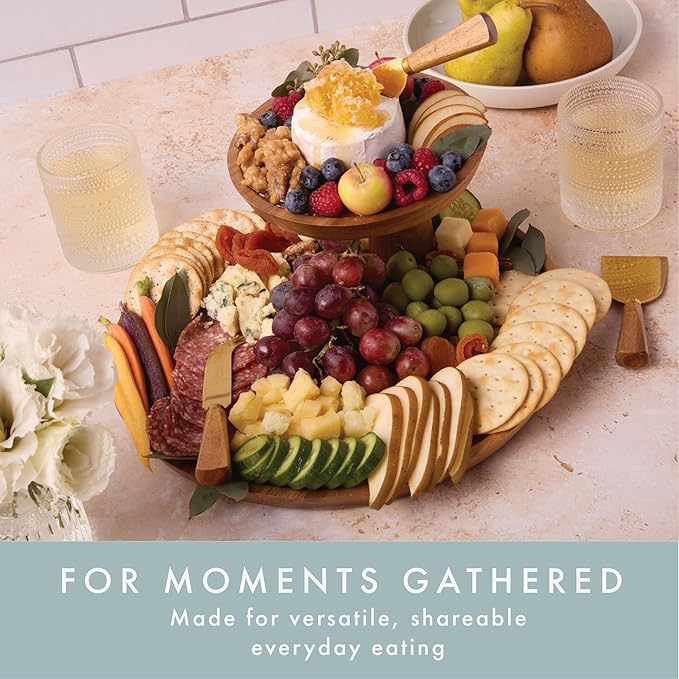 Charcuterie Boards Gift Set - Acacia Two-Tier Serving Tray Cupcake Stand Display with Knife Set and Bowls for Entertaining