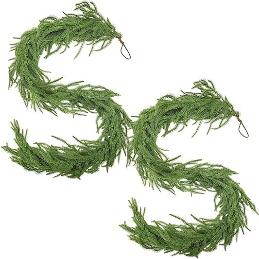 Norfolk Pine Garland Christmas Garland Set -2X 6FT Realistic Artificial Cedar Garland Christmas Greenery for Mantle, Staircase, Indoor/Outdoor Holiday Decor Lush Evergreen (2, 6 FT)