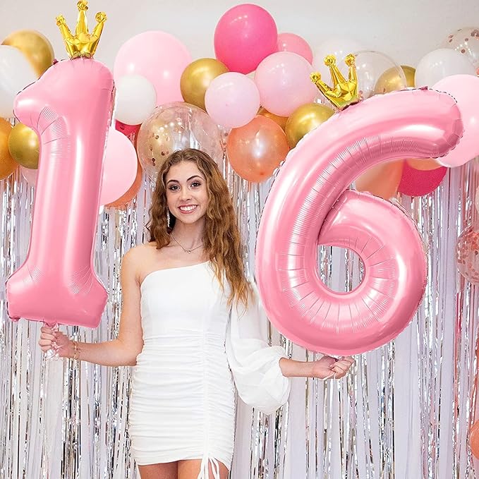 Pink 40 Inch Number Balloon (3) with Crown for Baby Shower, Big Size Foil Helium Balloon for Birthday Party, Wedding, Anniversary