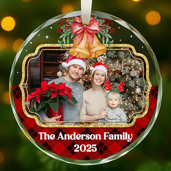 Personalized Christmas Ornament with Photo for Family, Custom Picture Crystal Ornaments for Christmas Tree Decorations, Unique Customized Xmas Decor Ideas for Family (#PGO07)