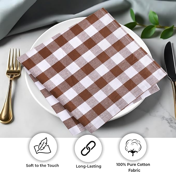 Urban Villa Cloth Napkins 100% Cotton Dinner Napkins Highly Absorbent 20x20 Inches (Set of 12) Brown White Buffalo Checks Reusable Washable Soft Durable Premium Napkins Ideal for Home Wedding Parties