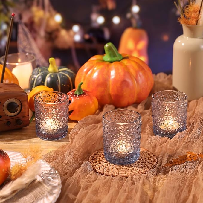 Blue Votive Candle Holder Set of 12, Flower Tea Lights Candles Holders for Wedding Table Centerpieces, Birthday Parties, Home Decor, Blue Bridal Shower and Holiday Decorations