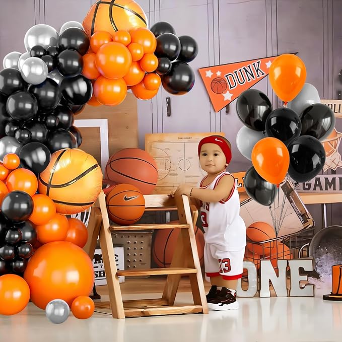 Basketball Balloon Arch kit Black Orange Metallic Silver Balloons Garland Arch Sports Themed Party Balloon Basketballs Party Decoration for Sport Theme Party all Star Space Jam Birthday Decor