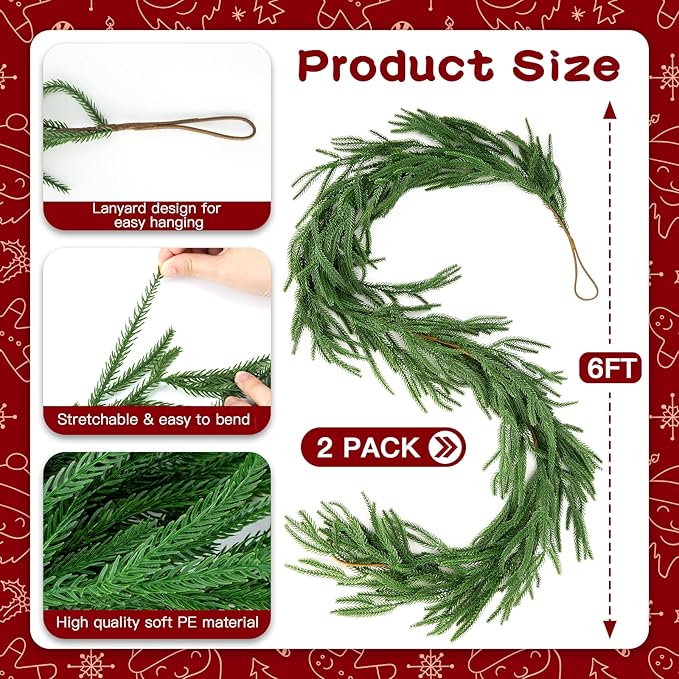 12ft 2Pcs*6ft Artificial Norfolk Pine Garland,Christmas Garland Greenery Garland for Mantle, Fireplace, Table, Wall, Window, Bedroom, Indoor Outdoor Holiday Winter Christmas Decorations (2, 6FT)