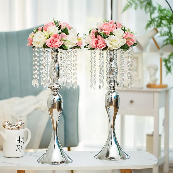 Silver Vases for Centerpieces, 21.3in Crystal Flower Arrangement Stand, Wedding Centerpieces for Tables, Tall Metal Flower Vase Holders for Wedding, Event, Reception, Birthday, Home Decor, 2 Pcs