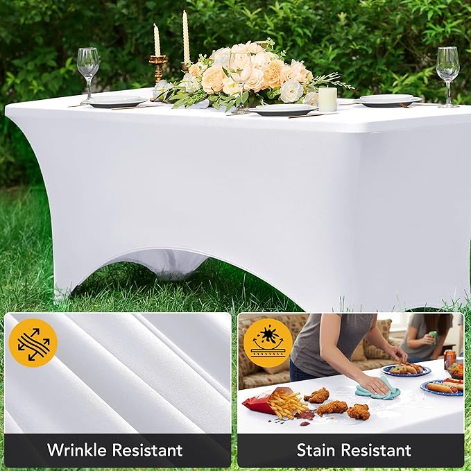 6-Pack Premium White Spandex Tablecloths for 8ft Rectangle Tables, Stain & Wrinkle-Resistant, Washable Stretch Polyester Fitted Table Cover for Weddings, Banquets, Trade Shows Events