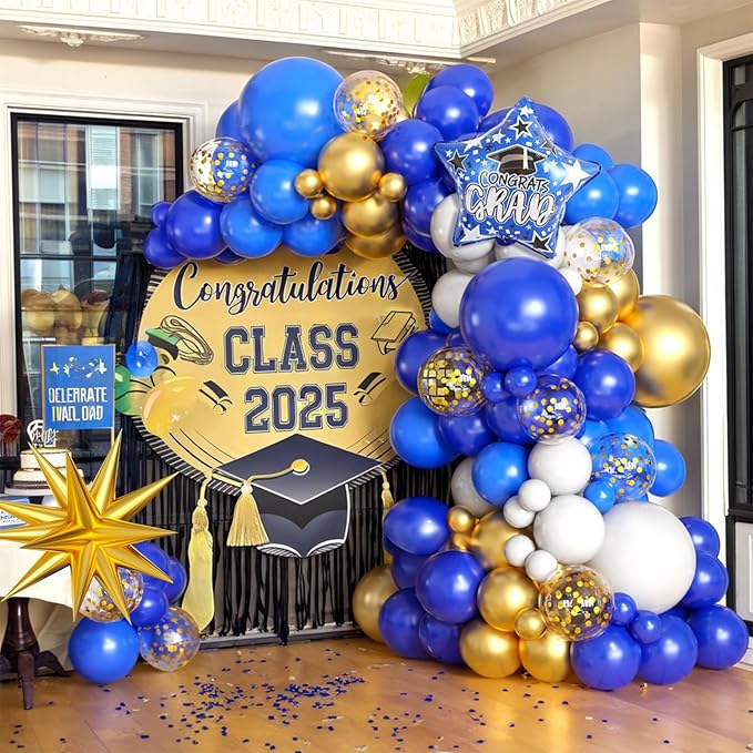 Blue Gold White Balloons Arch Kit with Explosion Star 4D Gold Foil Balloon Royal Blue White Golden Confetti Balloons Garland for Blue 2025 Graduation Decoration Birthday Baby Shower Party