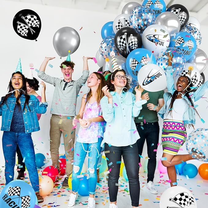 Race Car Balloons,12 Inch Checkered Flag Print Balloons and Blue Silver White Confetti Balloon for Boys Racing Car Birthday Baby Shower Fast Transportation Party Decorations