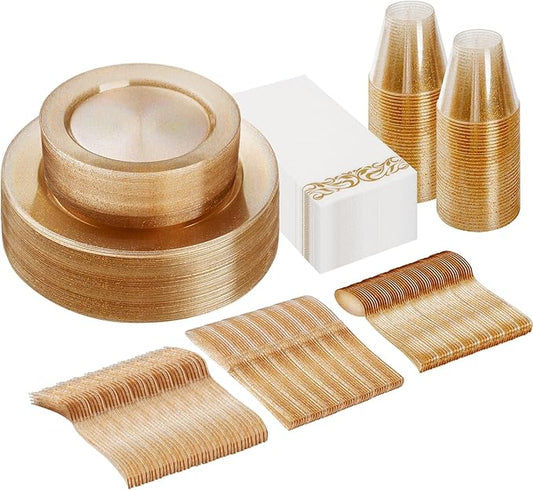 Goodluck 175 Piece Dinnerware Set for 25 Guests, Plastic Plates Disposable for Party, Include: 50 Gold Glitter Plastic Plates, 25 Paper Napkins, 25 Cups, 25 Gold Glitter Silverware Set