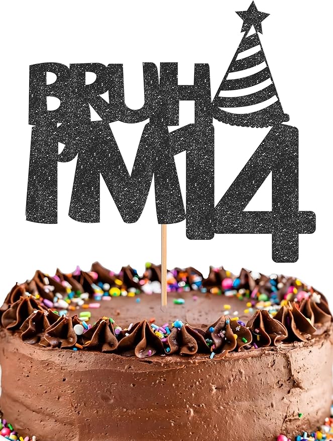Bruh I’m 14 Cake Topper - Glitter Black 14th Birthday Cake Decorations, 14 Years Old Birthday Cake Smash Decor (14)