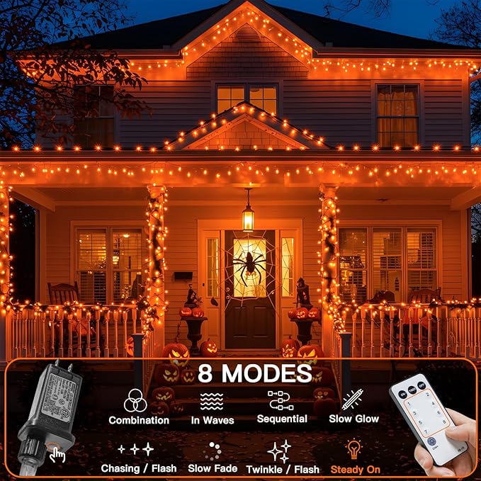 suddus Orange String Lights Outdoor with Remote, 33ft 100 LED Connectable Waterproof Halloween Lights Plug in, Dimmable Clear Wire Fairy Lights for Fall,Thanksgiving, Party, Tree, Garden, Porch Decor