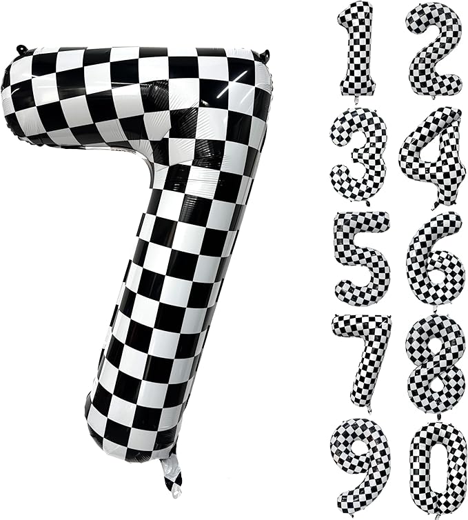 40 Inch Checkered Number Balloon 7 Black and White Number 7 Balloon Foil Helium Balloons for Birthday Party Decoration Girls Boys Baby Shower Anniversary Decoration Race Car Party Decoration