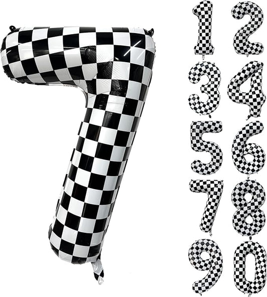 40 Inch Checkered Number Balloon 7 Black and White Number 7 Balloon Foil Helium Balloons for Birthday Party Decoration Girls Boys Baby Shower Anniversary Decoration Race Car Party Decoration
