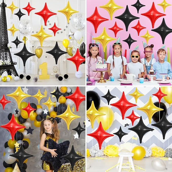 Black Red Gold Star Balloons,12Pcs Four Angle Star Foil Balloons,26Inch and 10Inch Black Gold Red Quadrangle Helium Balloon for Birthday Anniversary Party Decorations