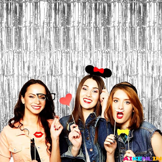 4 Pack 3.2Ft x 9.8Ft Silver Foil Fringe Curtain Backdrop, Metallic Tinsel Foil Fringe Streamers Curtains for Party, Photo Booth Props, Birthday, Wedding, Christmas Party Decoration Supplies
