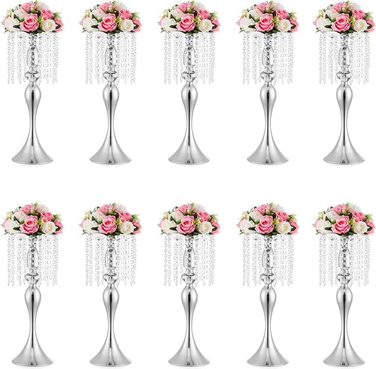 Silver Vases for Centerpieces, 21.3in Crystal Flower Arrangement Stand, Wedding Centerpieces for Tables, Tall Metal Flower Vase Holders for Wedding, Event, Reception, Birthday, Home Decor, 10 Pcs