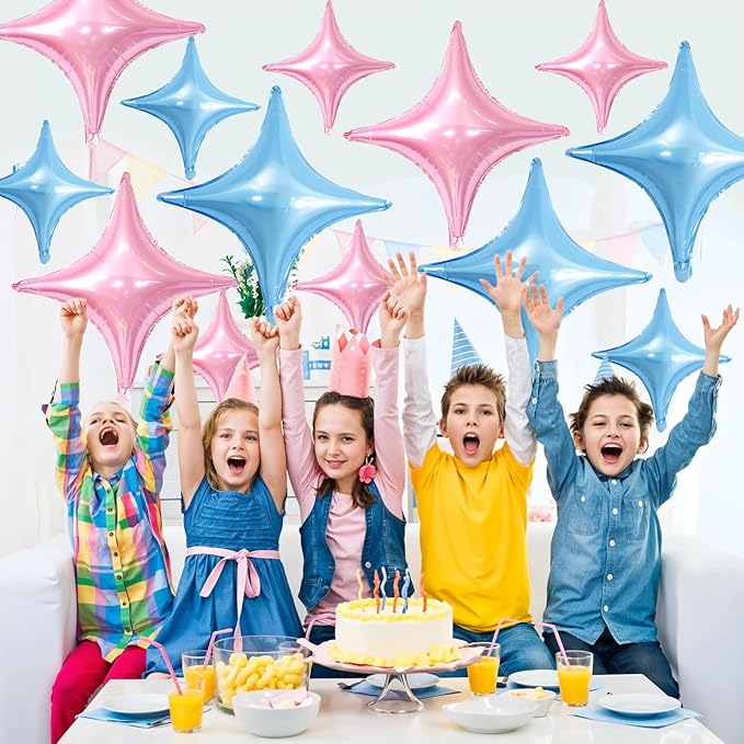 Pink Blue Star Balloons,12Pcs Four Angle Star Foil Balloons,26Inch and 10Inch Light Pink Blue Quadrangle Helium Balloon for Birthday Anniversary Party Decorations
