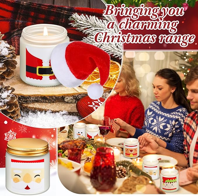 48 Pack Christmas Scented Candles Jar Set Include 24 Pcs 7oz Soy Wax Aromatherapy Candles and 24 Pcs Mini Santa Hat Holiday Party Favor Gift Bulk for Women Men Adult Coworker