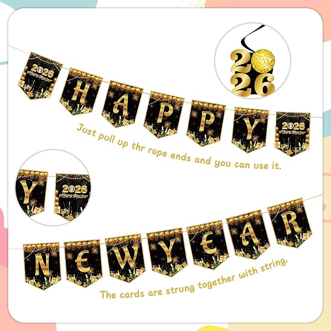 2026 New Years Decorations Party - 35 Pcs Gold Black 2026 Happy New Year Banners Foil Balloons Backdrop Hanging Swirls Honeycomb Centerpieces Cake Topper for New Years Eve Party Celebration Supplies