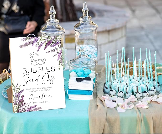 Wedding Bubble Send Off Sign, Lavender Bridal Shower Decorations, Engagement Party Decor, Centerpieces for Tables, Purple Floral Wooden Sign with Stand for Wedding Reception And Bridal Party Decor, 33