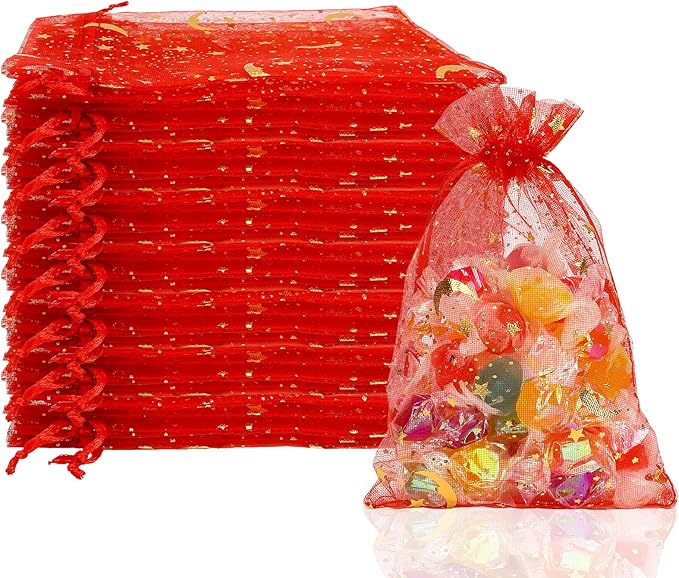 Moon Star Organza Bags 4x6 Small Mesh Bag Drawstring 50 Pcs Mesh Gift Bags Drawstring Pouch Wedding Favor Bags Jewelry Pouches Bulk Gift Pouch for Candy Soaps Birthday Festival Party Supplies, Red
