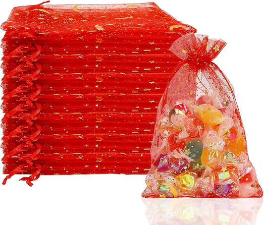 Moon Star Organza Bags 4x6 Small Mesh Bag Drawstring 50 Pcs Mesh Gift Bags Drawstring Pouch Wedding Favor Bags Jewelry Pouches Bulk Gift Pouch for Candy Soaps Birthday Festival Party Supplies, Red