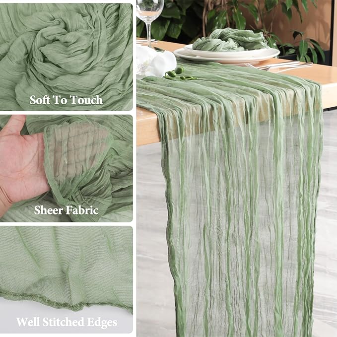 NESCCI 2 Pack Sage Green Table Runner,Rustic Boho Cheesecloth Table Runner,35x120 Inches Runners for Tables, Pefect for Mothers Day Wedding Baby Shower Birthday Party Home Decorations