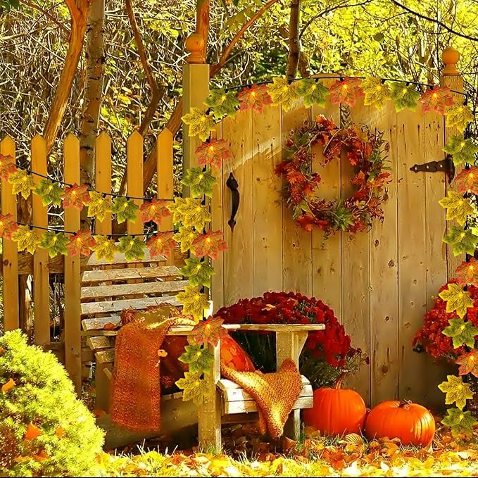 Fall Tricolor Autumn Maple Leaves Decoration Lights, 13.5FT Plug in Orange Yellow Green Maple Leaf String Lights with 35 LED Mini Bulbs for Thanksgiving Day Home Party Decor