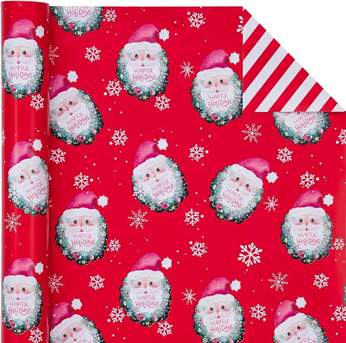 WRAPAHOLIC Reversible Christmas Wrapping Paper - Mini Roll - 17 Inch x 33 Feet - Red Santa Claus and Stripes Design for Christmas, Holiday, Party Celebration