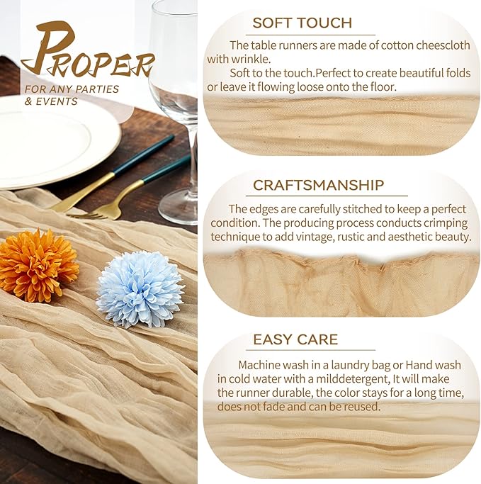 5 Packs Cheesecloth Table Runner Beige, 10Ft Rustic Gauze Boho Wedding Table Runner Decoration, Wedding Table Decor Table Cloth for Wedding Party Bridal Shower Table(35x120 inch)