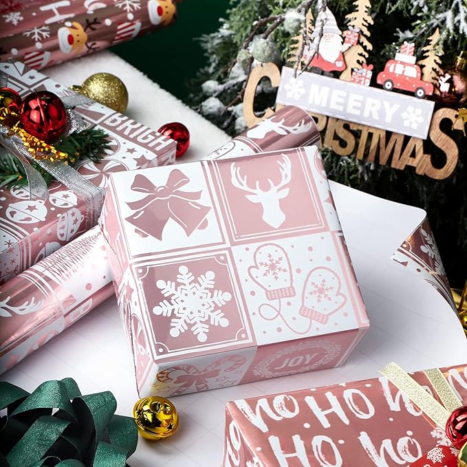 WRAPAHOLIC Christmas Wrapping Paper Set - Rose Gold Santa and Reindeer with Metallic Foil Shine Wrapping Paper Bundle with Gift Bow & Ribbon & Tag & Sticker