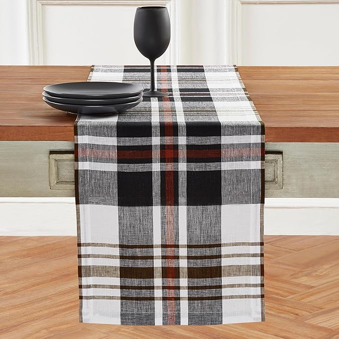 Solino Home Fall Table Runner 132 Inches Long - 100% Pure Linen Black Oxford Plaid Table Runner 14 x 132 Inch for Dining, Autumn, Thanksgiving, Holiday