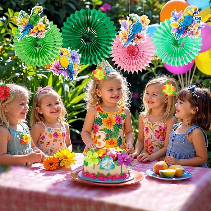 PAPER JAZZ Tropical Toucan Hibiscus Party Decorations, Hawaiian Jungle Theme Supplies, Yellow Pink Hanging Ornaments for Luau Tiki Party