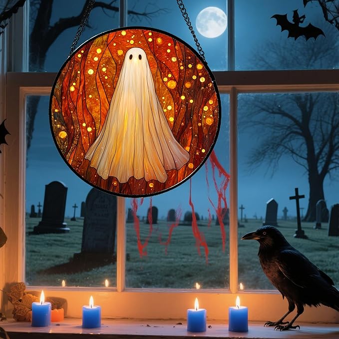 Stained Glass Window Hanging - Halloween Decoration Glowing Forest Ghost Suncatcher for Door Garden Spooky Orange Sun Catchers Gothic Decor Horror Gifts for Women Men Friend Boy Girl 7.8 in