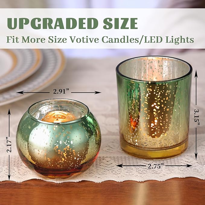 Volens 30pcs Assorted Green Votive Candle Holders Bulk, Large Mercury Glass Votive for Wedding Table Centerpieces, Green and Gold Themed Party Decorations and Home Decor