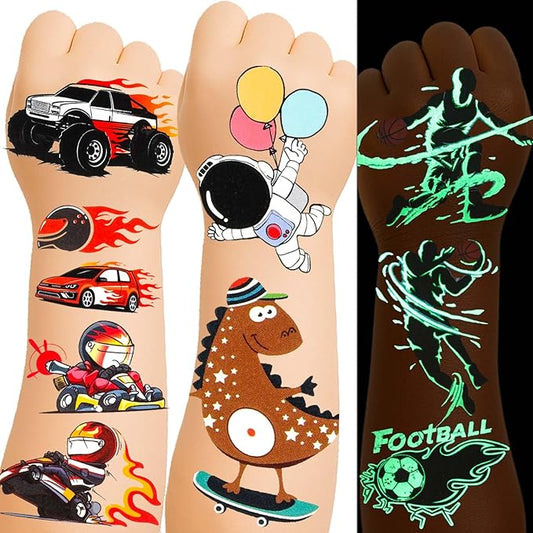 150+ Glow Kids Temporary Tattoos for Boys – Individually Wrapped, Waterproof, Glow in the Dark – Dinosaur, Ocean, Sports, Space