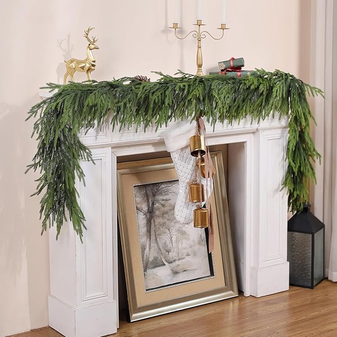 Real Touch Christmas Norfolk Pine Garland - 9ft Artificial Christmas Garland Fake Pine Needles Faux Green Garland for Fireplace,Table,Window,Stairs,Mante,Holiday Indoor Outdoor Xmas Decor(1PCS)