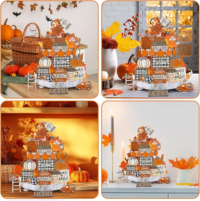 21 Pcs Fall Thanksgiving Tiered Tray Decoration Set Thanksgiving Table Sign Pumpkins Farmhouse Gnome Maple Leaves Centerpieces Harvest Wood Blocks Signs Fall Block Tabletop for Autumn