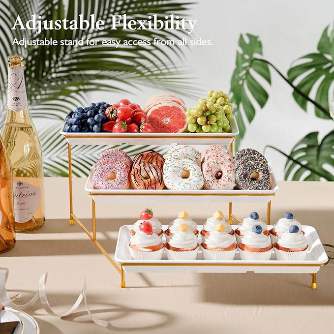 3-Tier Melamine Serving Tray Set, 14"x7" Platters for Serving Food, White Reusable Trays with Golden Metal Display Stand for Cupcakes, Sevring Food, Dessert, Fruit, Cookie, 24K Gold-Plated