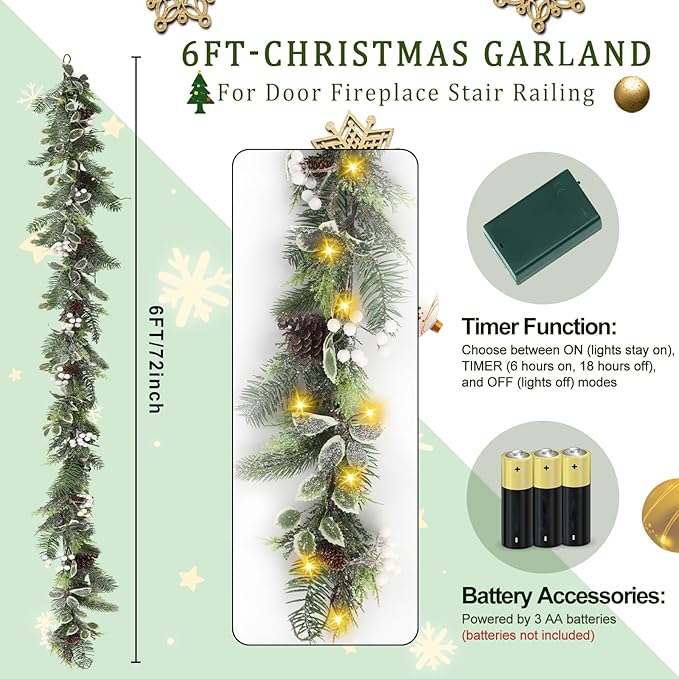 Artgar 6 Ft Christmas Garland, Pre-Lit Christmas Garland - Artificial Garland Christmas Decorations with 30 LED Lights Decorated with Pinecones, Berries for Mantels Dining Tables Porch Decor (White)