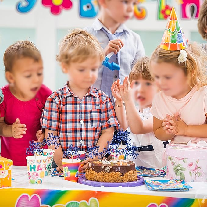 24 PCS Happy Birthday Cupcake Toppers Glitter Picks for Celebrating Anniversary Theme Party Cake Decorations Supplies Dark Blue