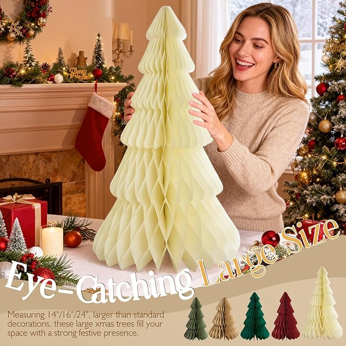 5Pcs Extra Large Christmas Table Decorations Paper Christmas Trees, Light Up Honeycomb Xmas Tree Centerpieces for Tables, Xmas Frozen Winter Wonderland Party Vintage Home Decor, 14/16/24 Inch