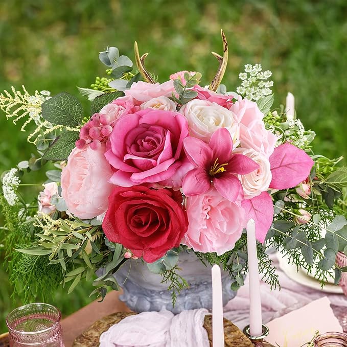 AmyHomie Fuchsia Pink Artificial Flowers Combo Silk Mix Peony Rose Fake Flowers w/Stem for DIY Wedding Bouquets Centerpieces Arrangements Table Fall Decor Party Bridal Baby Shower Home Decorations