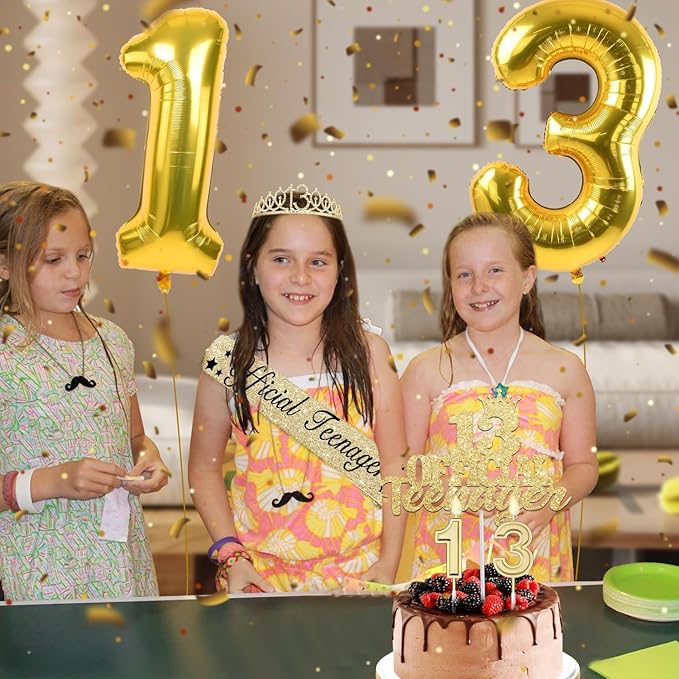 13th Birthday Decorations for Girls with 13th Birthday Crown, Official Teenager Sash, Candles and Cake Topper, Number Balloons, Teen Girl Gifts for 13 Year Old Girls