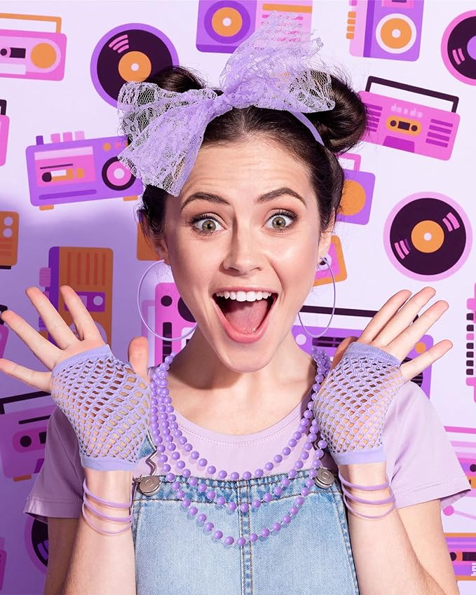 Blulu 80s Costume Accessories for Women Lace Headband Earrings Fishnet Gloves Necklace Bracelet for 80s Retro Party