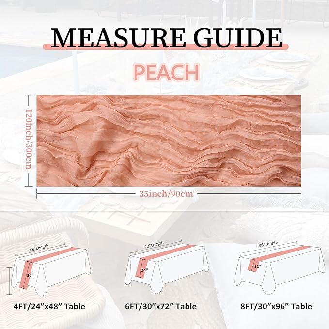 RestfulGlow12 Pack Peach Cheesecloth Table Runner 10FT Boho Gauze Fabric Table Runner 35 x 120 Inch Rustic Sheer Runner for Centerpiece Wedding Decor Baby Shower Party Boho Table Decoration