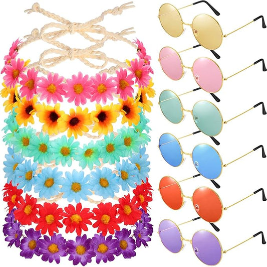 Wrestler 12 Pcs Hippie Costume Set for Women Includes 6 Multicolor Lady Daisy Flower Crown 6 Round Sunglasses for Disco